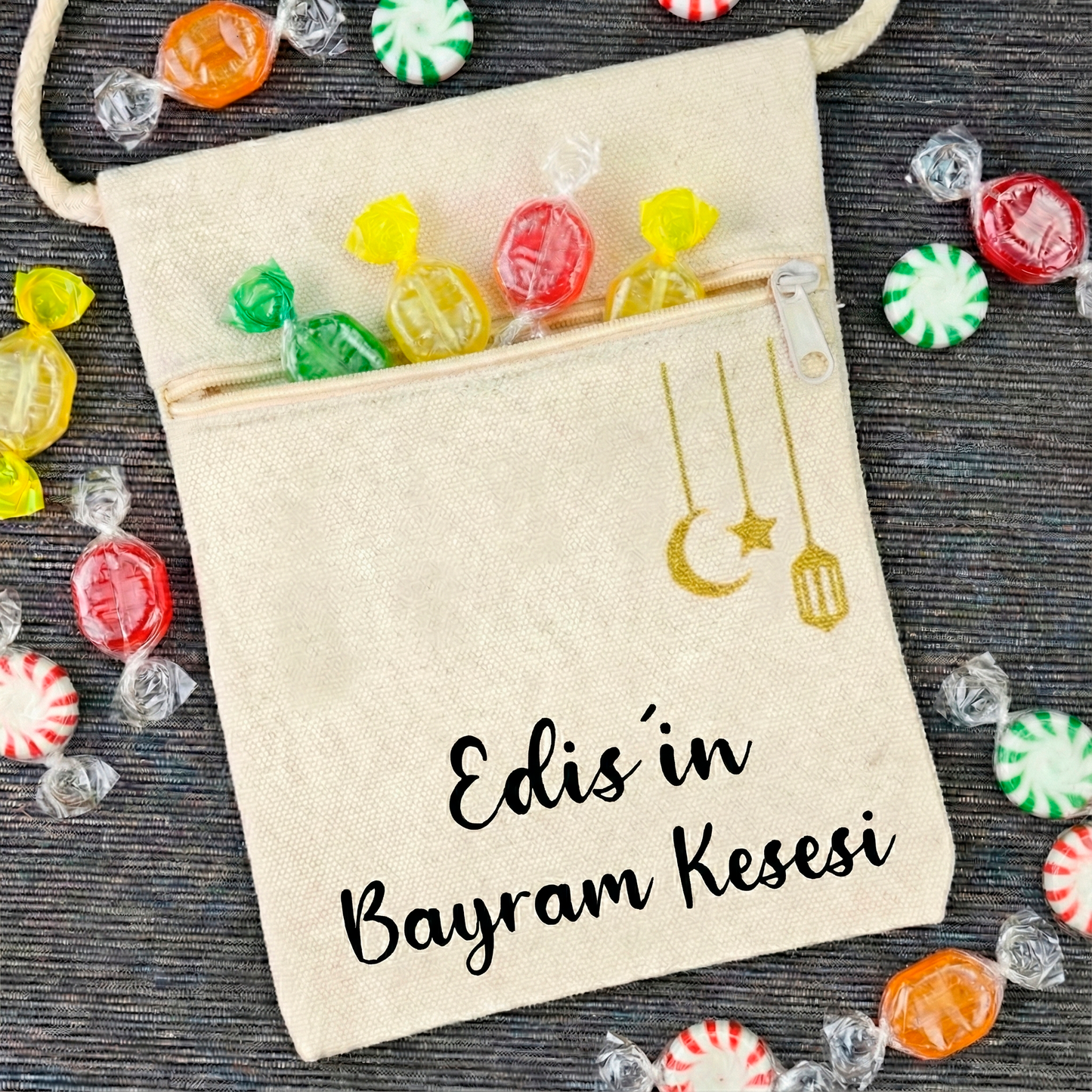 Bayram / Eid Tasche mit Namen – Personalisierbar (Eid Mubarak, Ramadan Geschenk – Motiv Bonbon/Buchstabe/Laterne)