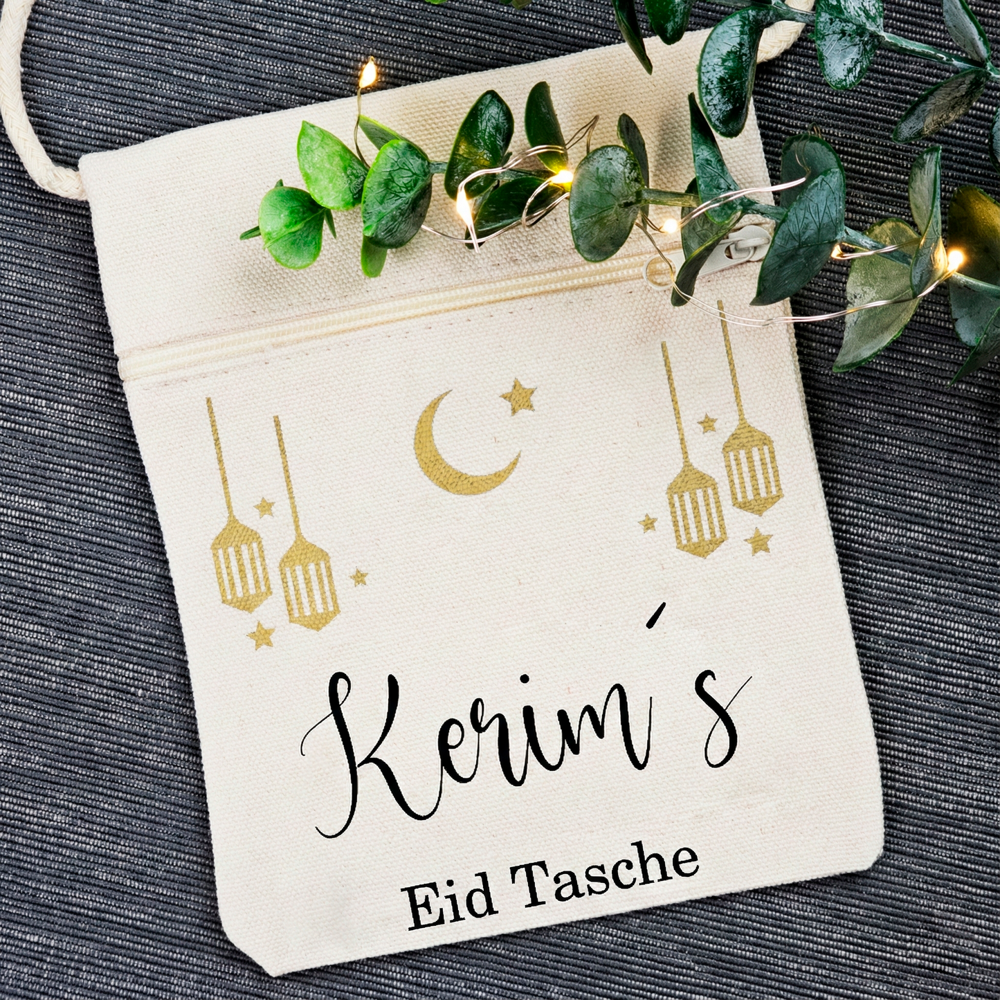 Bayram / Eid Tasche mit Namen – Personalisierbar (Eid Mubarak, Ramadan Geschenk – Motiv Laterne)
