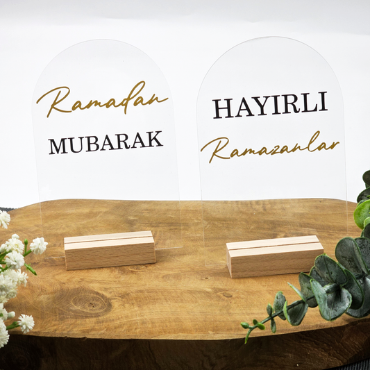 Ramadan Acrylschild mit Holzfuß | Bayram Deko | Eid Mubarak Tischdeko | Islamische Geschenkidee (Hayirli Ramazanlar)