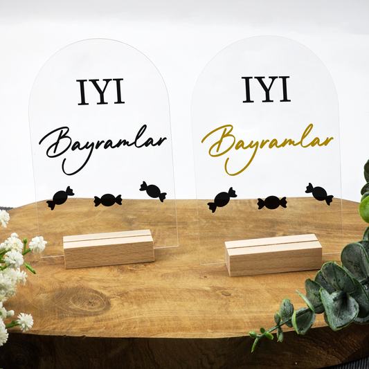 Ramadan Acrylschild mit Holzfuß | Bayram Deko | Eid Mubarak Tischdeko | Islamische Geschenkidee (Iyi Bayramlar 2)