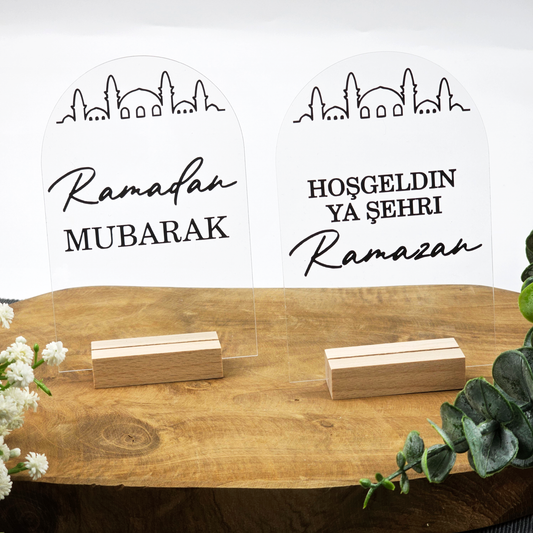 Ramadan Acrylschild mit Holzfuß | Bayram Deko | Eid Mubarak Tischdeko | Islamische Geschenkidee (Ramadan Mubarak)