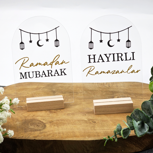 Ramadan Acrylschild mit Holzfuß | Bayram Deko | Eid Mubarak Tischdeko | Islamische Geschenkidee (Ramadan Mubarak Girlande)