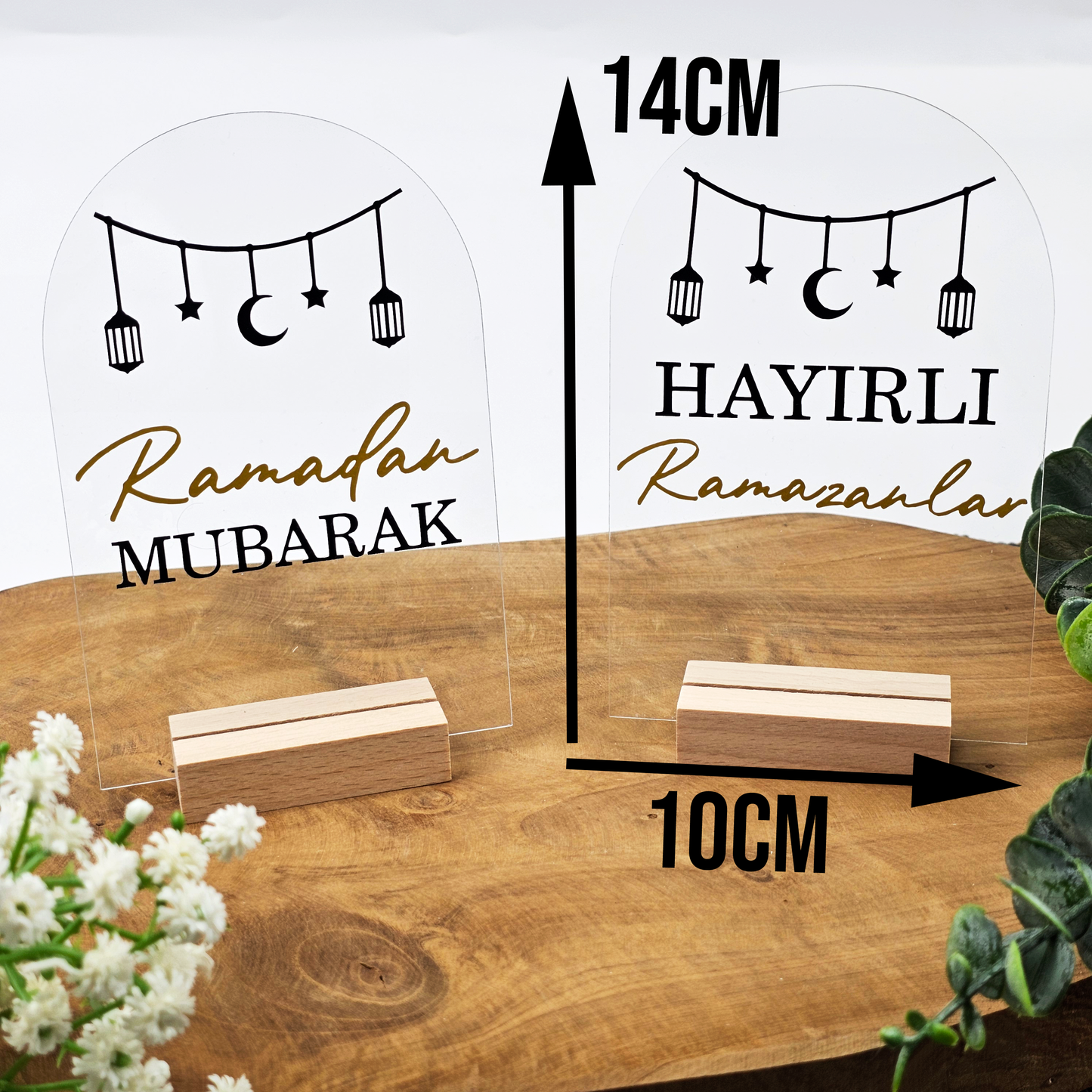 Ramadan Acrylschild mit Holzfuß | Bayram Deko | Eid Mubarak Tischdeko | Islamische Geschenkidee (Ramadan Mubarak Girlande)