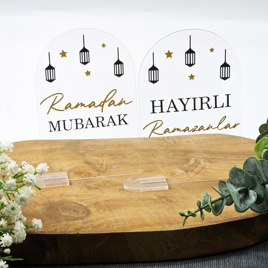 Ramadan Acrylschild mit Acrylstandfuß | Bayram Deko | Eid Mubarak Tischdeko | Islamische Geschenkidee (Hayirli Ramazanlar Laterne)