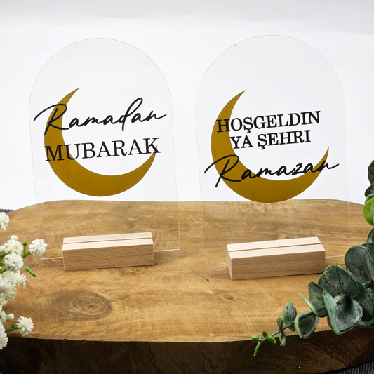 Ramadan Acrylschild mit Holzfuß | Bayram Deko | Eid Mubarak Tischdeko | Islamische Geschenkidee (Ramadan Mubarak Mond)