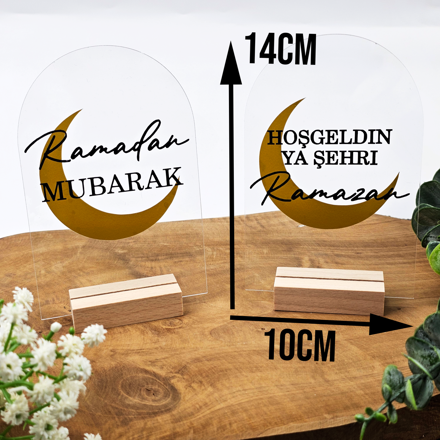 Ramadan Acrylschild mit Holzfuß | Bayram Deko | Eid Mubarak Tischdeko | Islamische Geschenkidee (Ramadan Mubarak Mond)