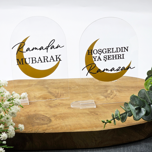 Ramadan Acrylschild mit Acrylstandfuß | Bayram Deko | Eid Mubarak Tischdeko | Islamische Geschenkidee (Ramadan Mubarak Mond)