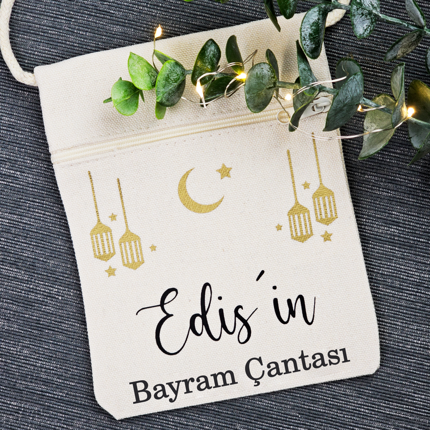 Bayram / Eid Tasche mit Namen – Personalisierbar (Eid Mubarak, Ramadan Geschenk – Motiv Laterne)