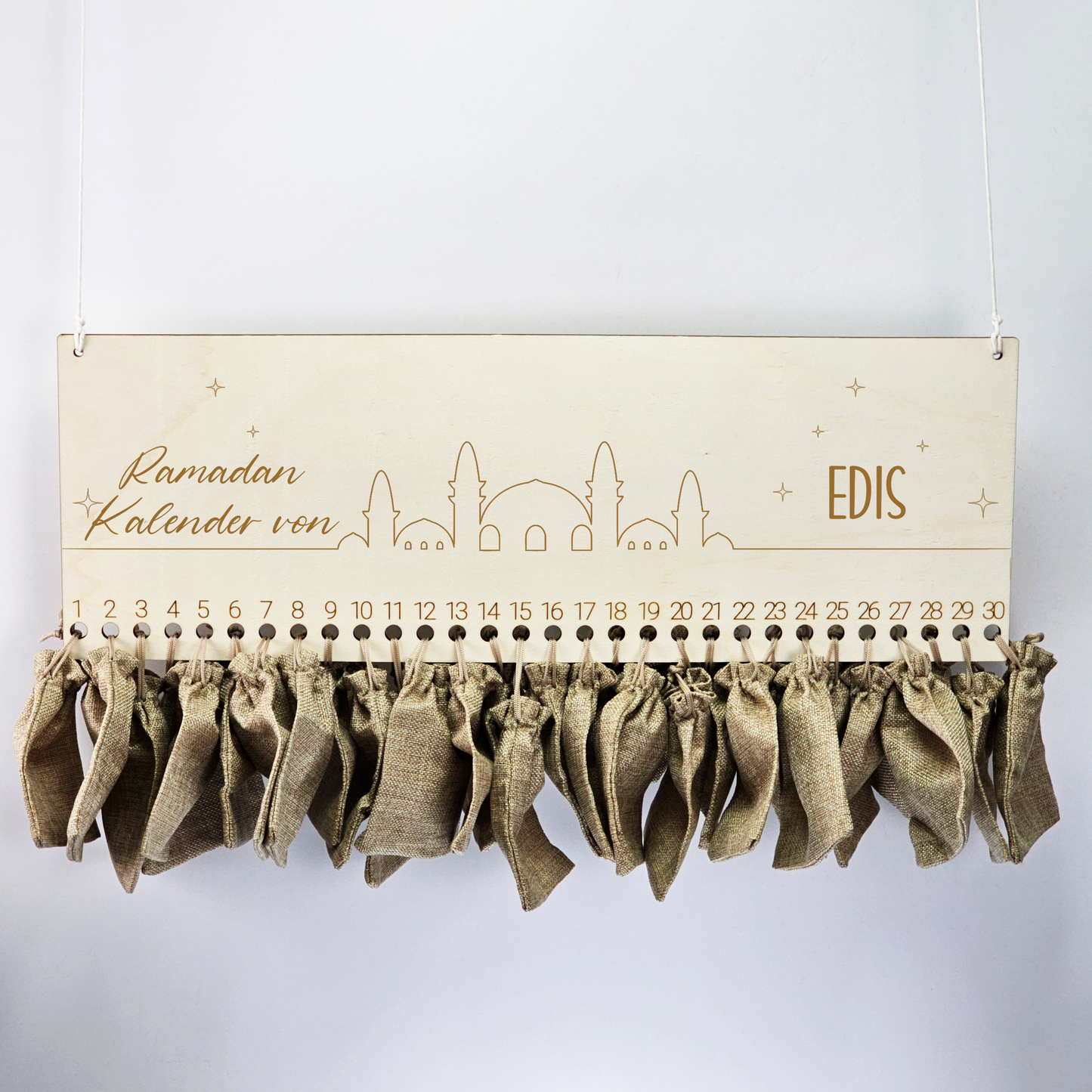 Personalisierter Ramadan Kalender aus Holz – 30 Tage Ramadankalender zum Befüllen | Mit Namen | Ramadan Geschenk für Kinder | Bayram / Eid Deko (Moschee 2)
