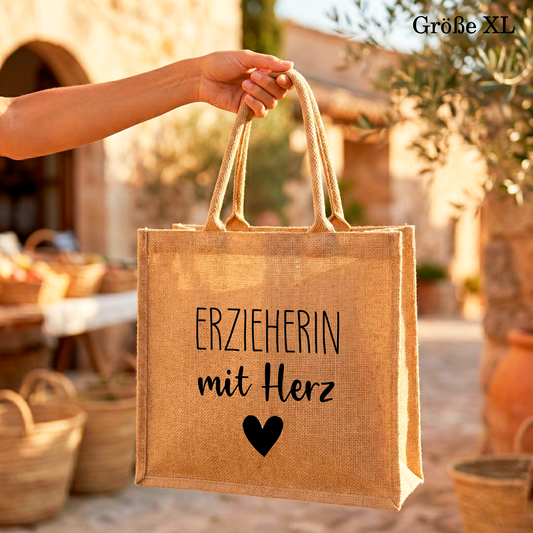 Jutetasche (Erzieherin mit Herz) | Stilvolle Alltagstasche & Shopper | Geschenkidee Modern & Zeitlos