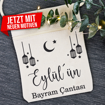 Bayram / Eid Tasche mit Namen – Personalisierbar (Eid Mubarak, Ramadan Geschenk – Motiv Laterne)
