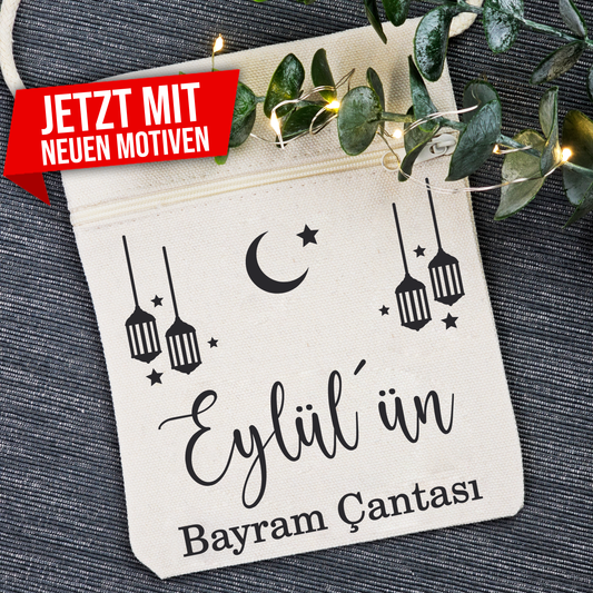 Bayram / Eid Tasche mit Namen – Personalisierbar (Eid Mubarak, Ramadan Geschenk – Motiv Laterne)