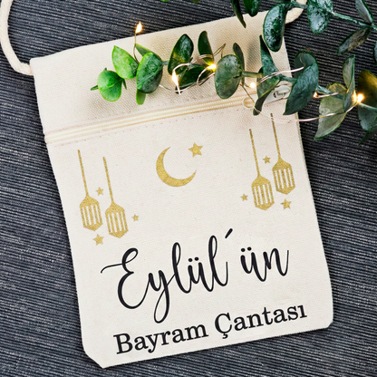Bayram / Eid Tasche mit Namen – Personalisierbar (Eid Mubarak, Ramadan Geschenk – Motiv Laterne)