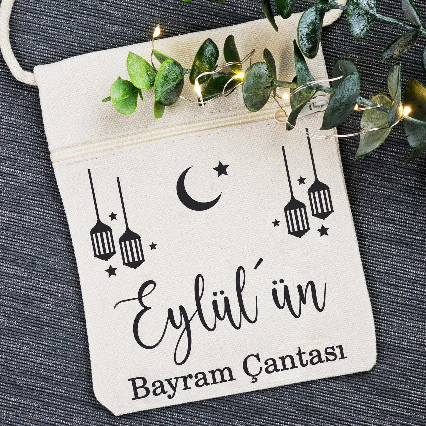 Bayram / Eid Tasche mit Namen – Personalisierbar (Eid Mubarak, Ramadan Geschenk – Motiv Laterne)