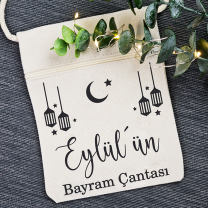 Bayram / Eid Tasche mit Namen – Personalisierbar (Eid Mubarak, Ramadan Geschenk – Motiv Laterne)