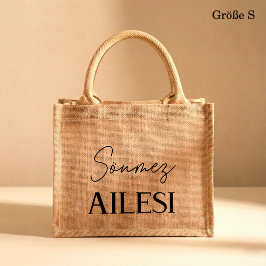 Personalisierte Jutetasche mit Familiennamen | Aile Cantasi | Stilvolle Alltagstasche & Shopper | Geschenkidee Modern & Zeitlos
