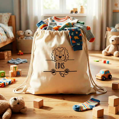 Personalisierter Turnbeutel für die Kita | Wechselkleidung Beutel mit Namen & Tiermotiv | Baumwolle | Kindergarten & Tagespflege