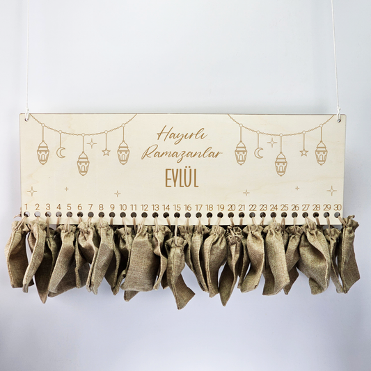 Personalisierter Ramadan Kalender aus Holz – 30 Tage Ramadankalender zum Befüllen | Mit Namen | Ramadan Geschenk für Kinder | Bayram / Eid Deko (Girlande)