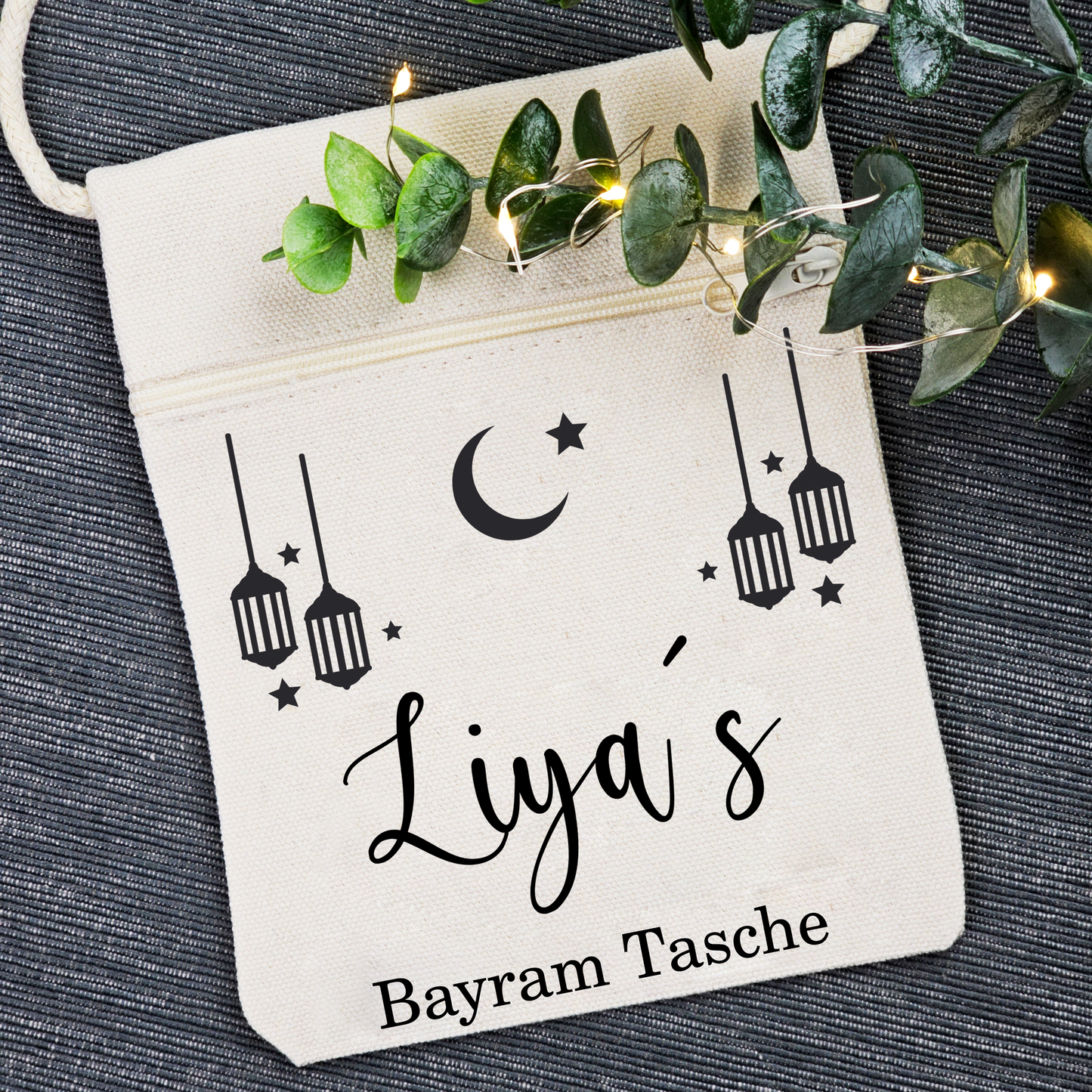 Bayram / Eid Tasche mit Namen – Personalisierbar (Eid Mubarak, Ramadan Geschenk – Motiv Laterne)