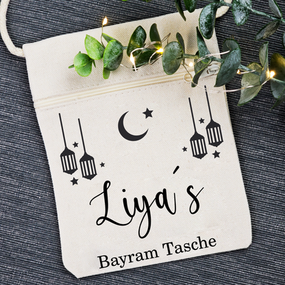 Bayram / Eid Tasche mit Namen – Personalisierbar (Eid Mubarak, Ramadan Geschenk – Motiv Laterne)
