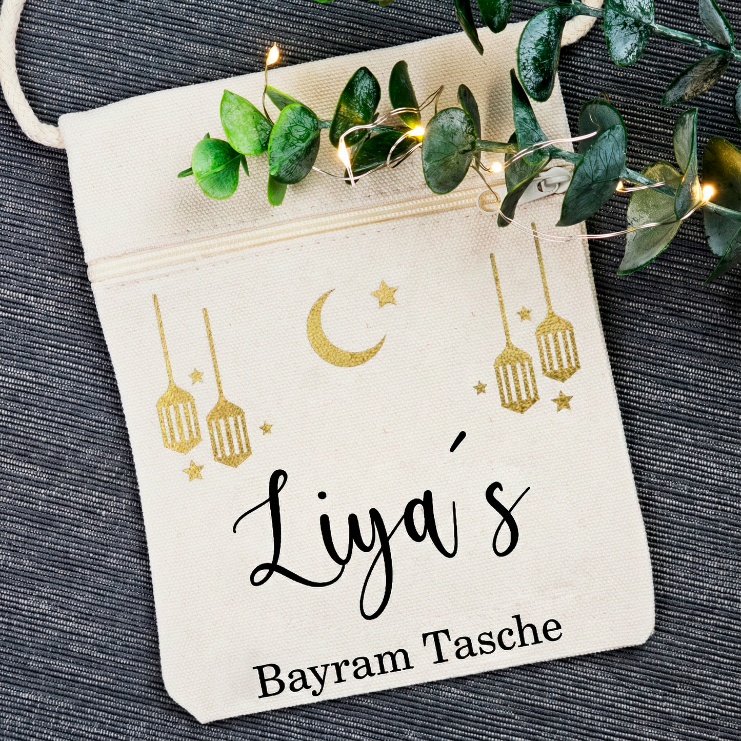 Bayram / Eid Tasche mit Namen – Personalisierbar (Eid Mubarak, Ramadan Geschenk – Motiv Laterne)