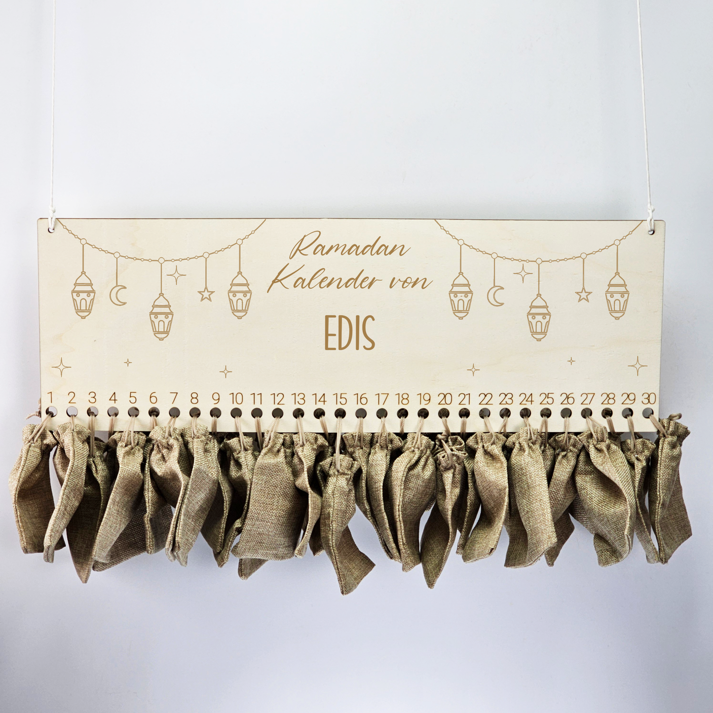 Personalisierter Ramadan Kalender aus Holz – 30 Tage Ramadankalender zum Befüllen | Mit Namen | Ramadan Geschenk für Kinder | Bayram / Eid Deko (Girlande)