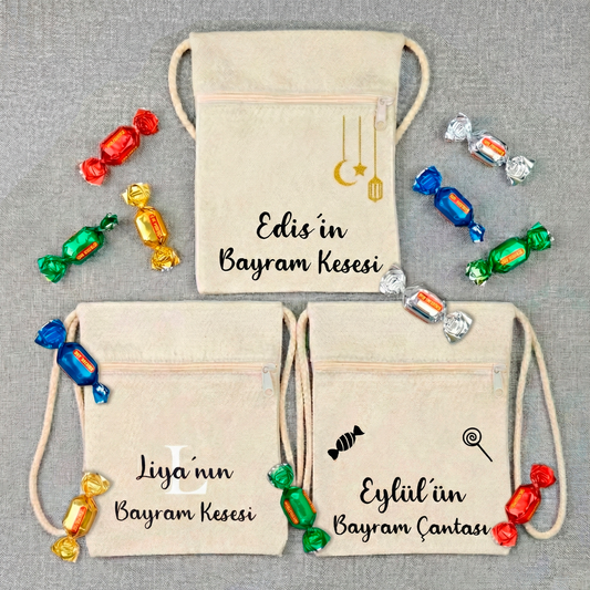 Bayram / Eid Tasche mit Namen – Personalisierbar (Eid Mubarak, Ramadan Geschenk – Motiv Bonbon/Buchstabe/Laterne)