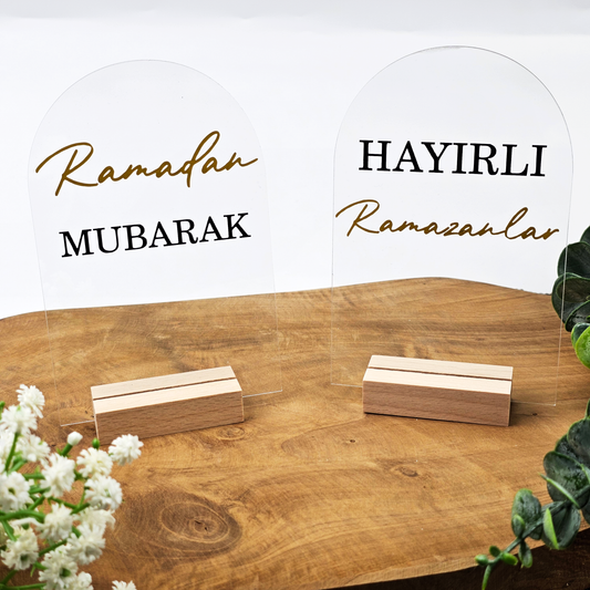 Ramadan Acrylschild mit Holzfuß | Bayram Deko | Eid Mubarak Tischdeko | Islamische Geschenkidee (Hayirli Ramazanlar)