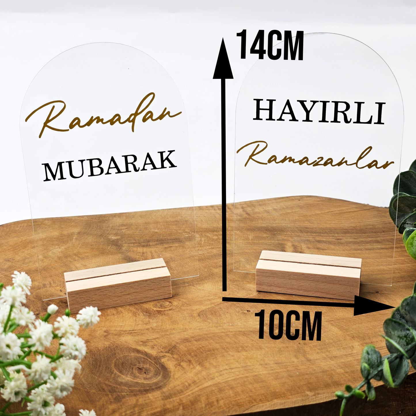 Ramadan Acrylschild mit Holzfuß | Bayram Deko | Eid Mubarak Tischdeko | Islamische Geschenkidee (Hayirli Ramazanlar)