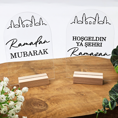 Ramadan Acrylschild mit Holzfuß | Bayram Deko | Eid Mubarak Tischdeko | Islamische Geschenkidee (Ramadan Mubarak)