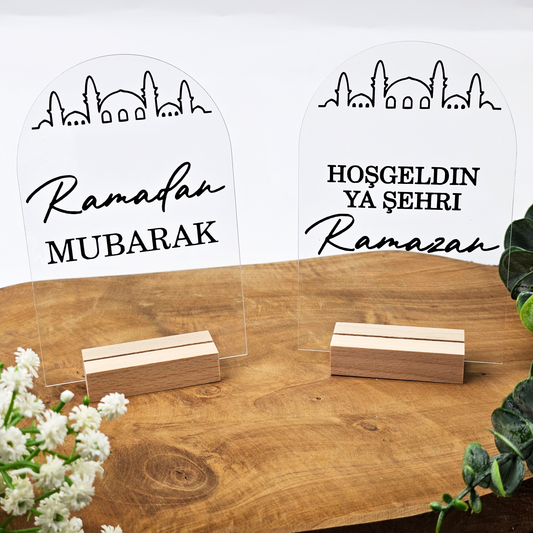 Ramadan Acrylschild mit Holzfuß | Bayram Deko | Eid Mubarak Tischdeko | Islamische Geschenkidee (Ramadan Mubarak)