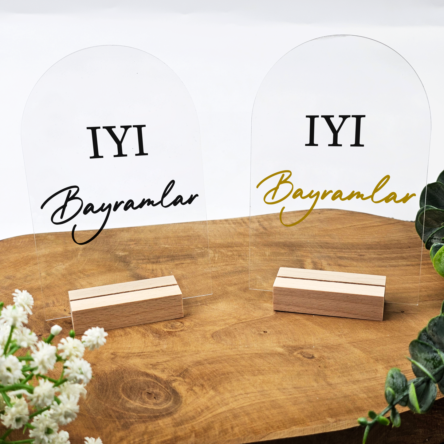 Ramadan Acrylschild mit Holzfuß | Bayram Deko | Eid Mubarak Tischdeko | Islamische Geschenkidee (Iyi Bayramlar)