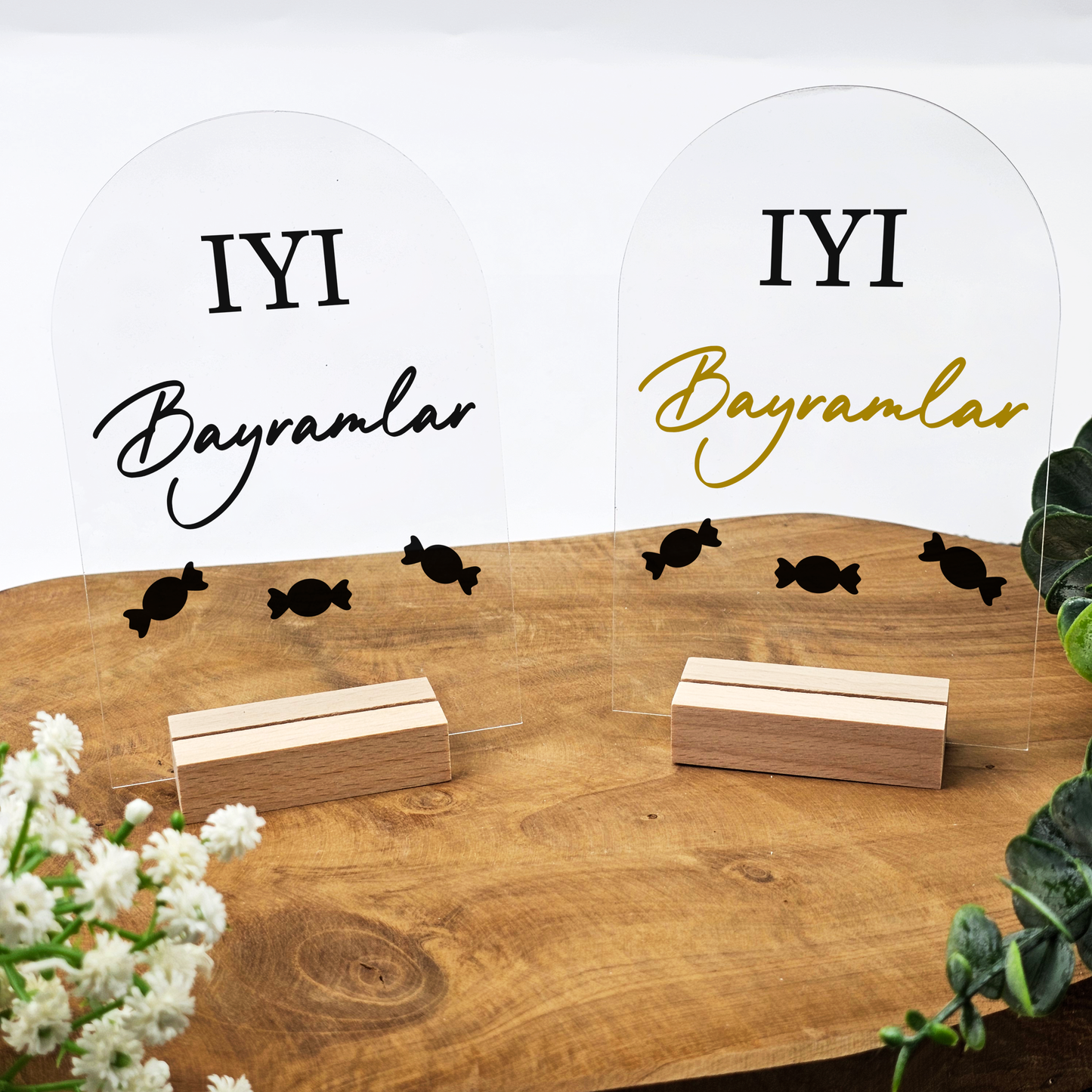 Ramadan Acrylschild mit Holzfuß | Bayram Deko | Eid Mubarak Tischdeko | Islamische Geschenkidee (Iyi Bayramlar 2)