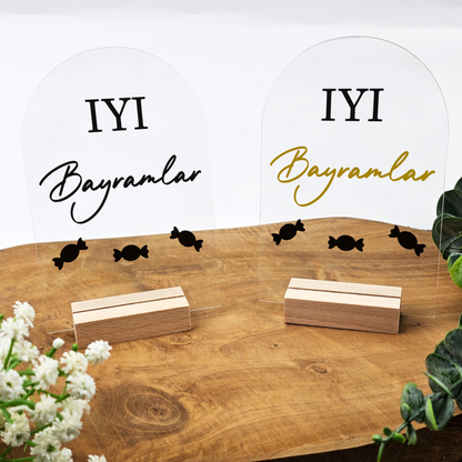 Ramadan Acrylschild mit Holzfuß | Bayram Deko | Eid Mubarak Tischdeko | Islamische Geschenkidee (Iyi Bayramlar 2)