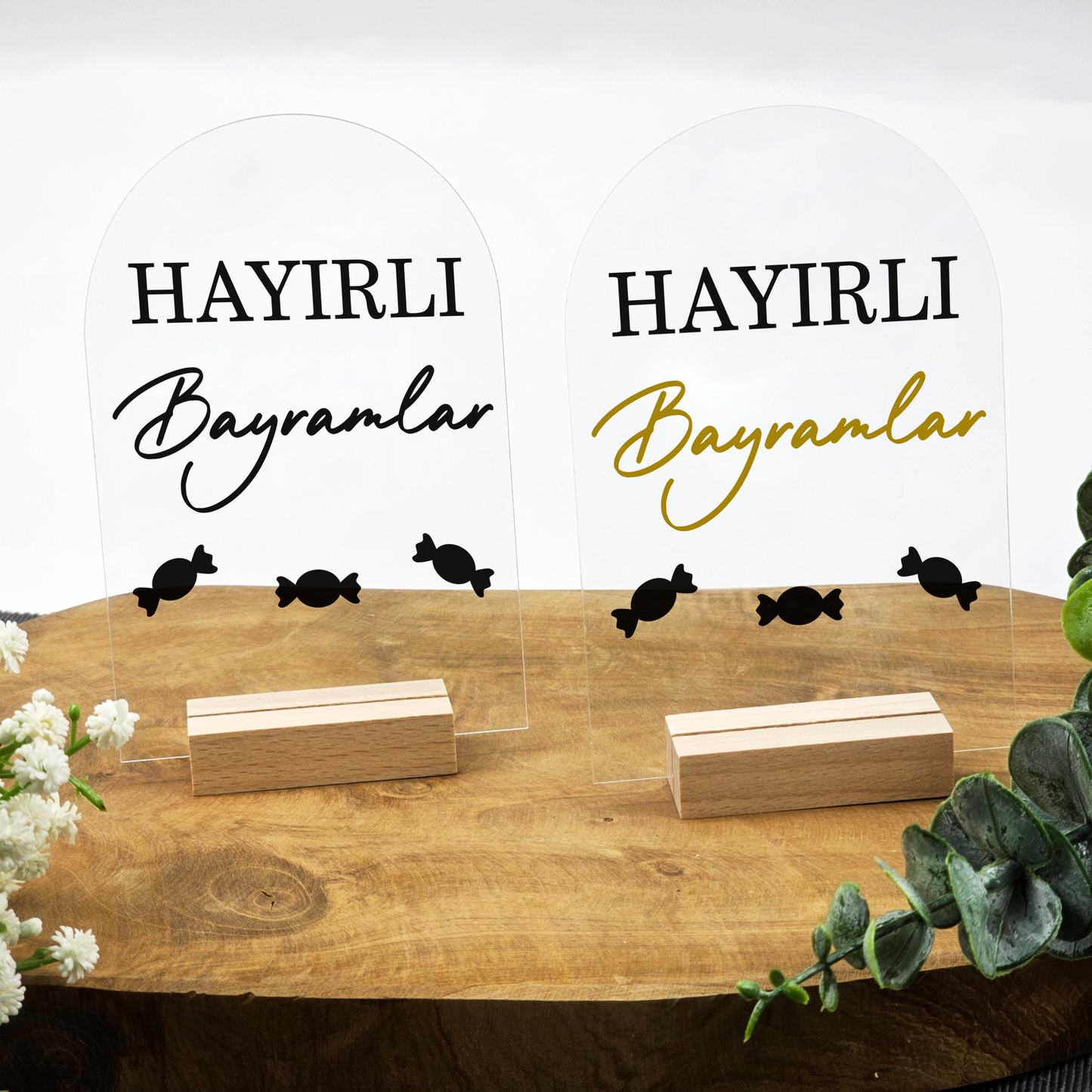 Ramadan Acrylschild mit Holzfuß | Bayram Deko | Eid Mubarak Tischdeko | Islamische Geschenkidee (Hayirli Bayramlar)