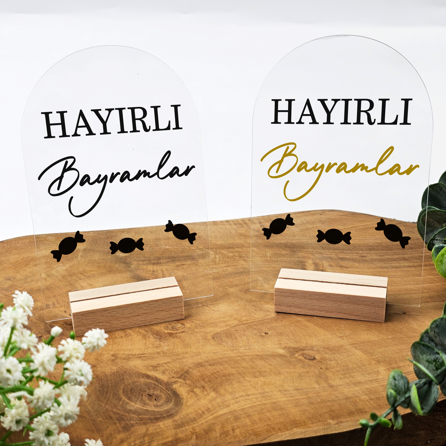Ramadan Acrylschild mit Holzfuß | Bayram Deko | Eid Mubarak Tischdeko | Islamische Geschenkidee (Hayirli Bayramlar)