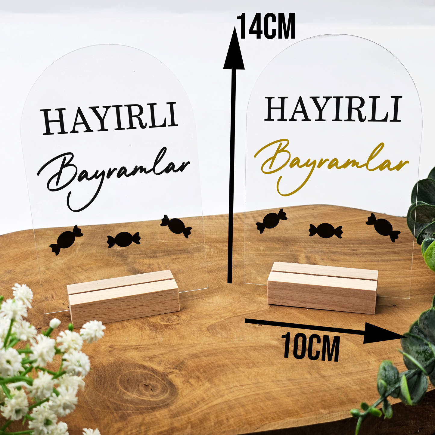 Ramadan Acrylschild mit Holzfuß | Bayram Deko | Eid Mubarak Tischdeko | Islamische Geschenkidee (Hayirli Bayramlar)