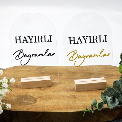 Ramadan Acrylschild mit Holzfuß | Bayram Deko | Eid Mubarak Tischdeko | Islamische Geschenkidee (Hayirli Bayramlar 2)