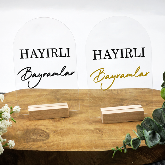Ramadan Acrylschild mit Holzfuß | Bayram Deko | Eid Mubarak Tischdeko | Islamische Geschenkidee (Hayirli Bayramlar 2)