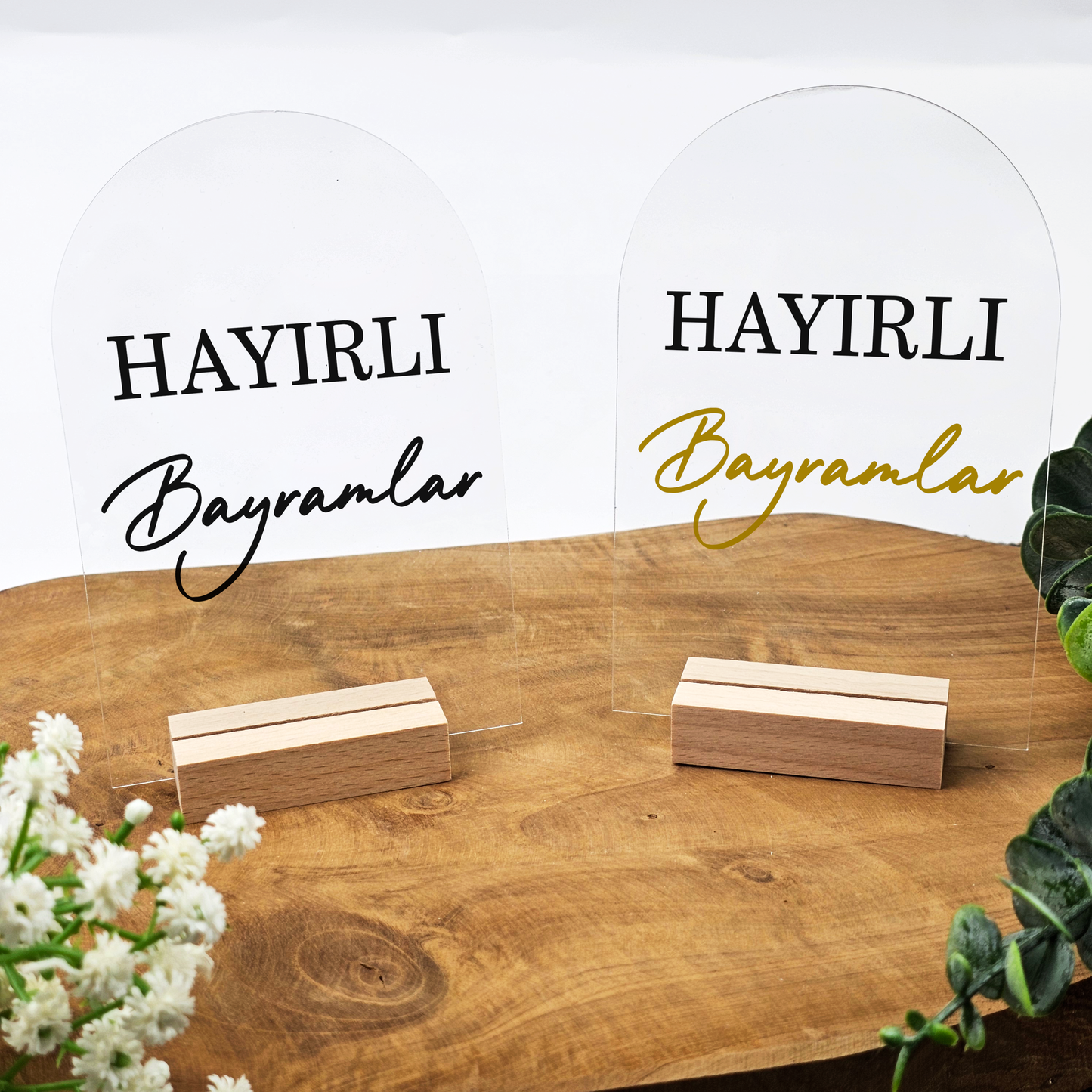 Ramadan Acrylschild mit Holzfuß | Bayram Deko | Eid Mubarak Tischdeko | Islamische Geschenkidee (Hayirli Bayramlar 2)