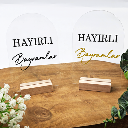 Ramadan Acrylschild mit Holzfuß | Bayram Deko | Eid Mubarak Tischdeko | Islamische Geschenkidee (Hayirli Bayramlar 2)