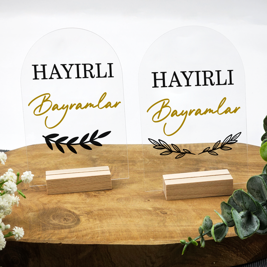 Ramadan Acrylschild mit Holzfuß | Bayram Deko | Eid Mubarak Tischdeko | Islamische Geschenkidee (Hayirli Bayramlar 3)