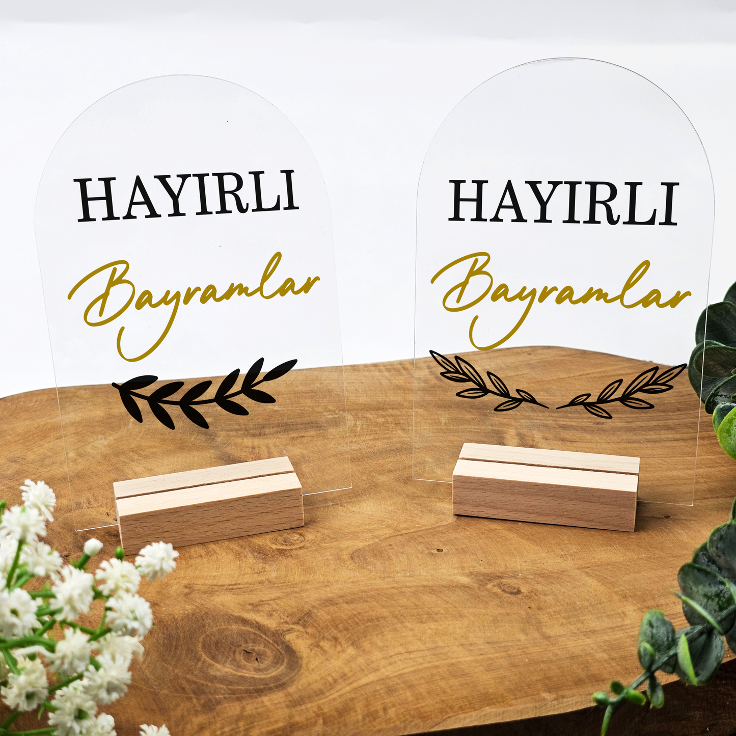 Ramadan Acrylschild mit Holzfuß | Bayram Deko | Eid Mubarak Tischdeko | Islamische Geschenkidee (Hayirli Bayramlar 3)