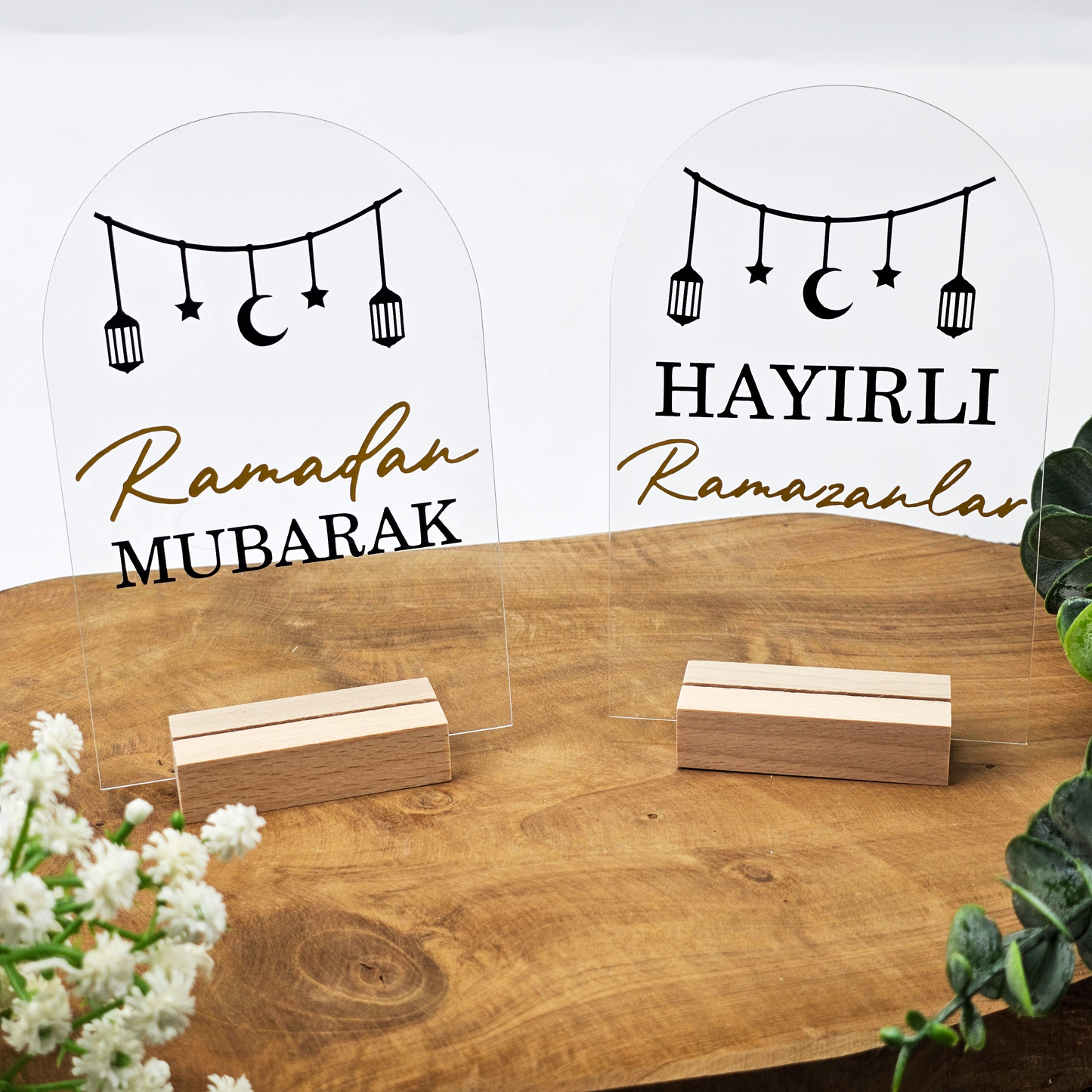 Ramadan Acrylschild mit Holzfuß | Bayram Deko | Eid Mubarak Tischdeko | Islamische Geschenkidee (Ramadan Mubarak Girlande)
