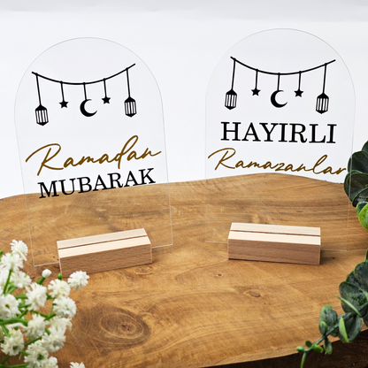 Ramadan Acrylschild mit Holzfuß | Bayram Deko | Eid Mubarak Tischdeko | Islamische Geschenkidee (Ramadan Mubarak Girlande)
