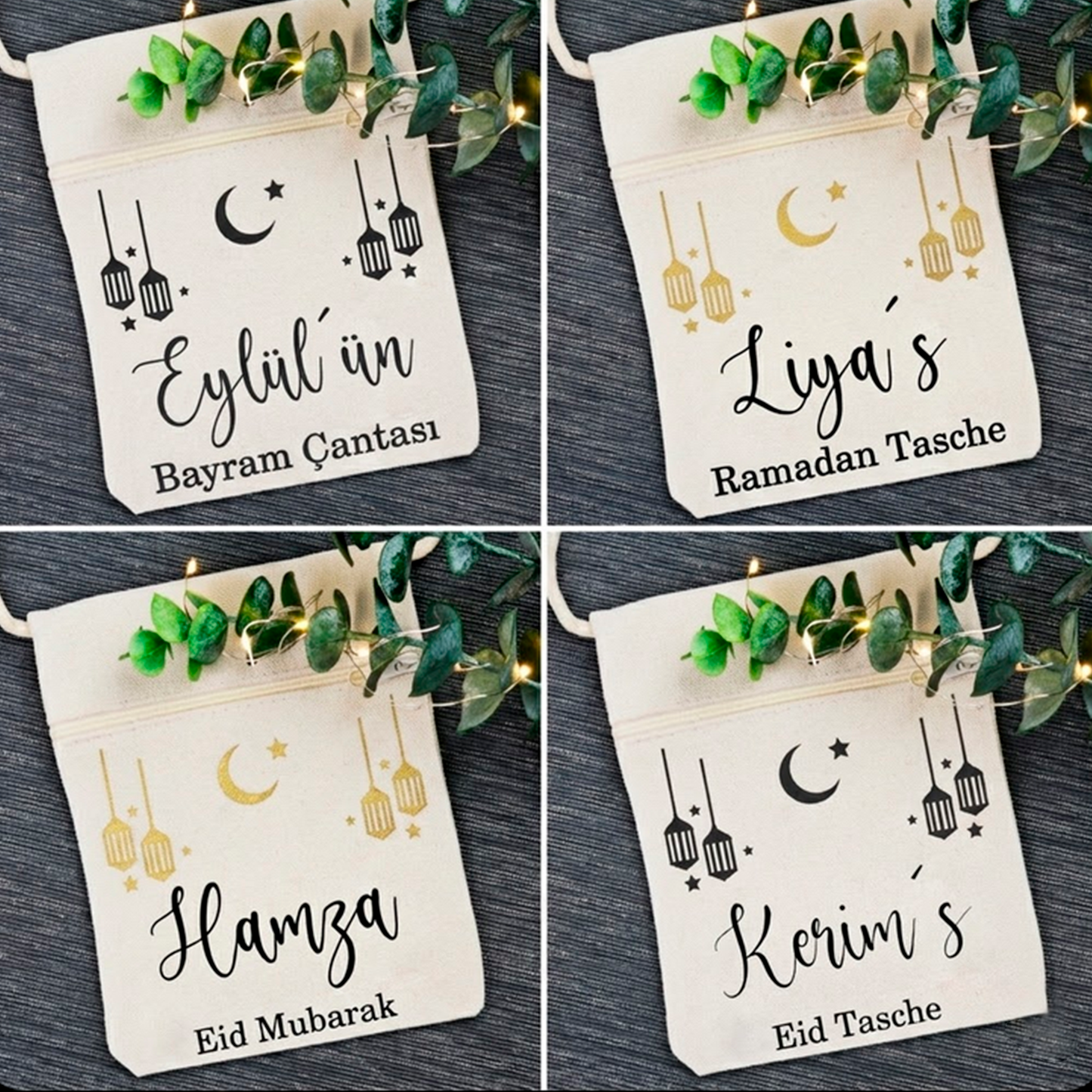 Bayram / Eid Tasche mit Namen – Personalisierbar (Eid Mubarak, Ramadan Geschenk – Motiv Laterne)