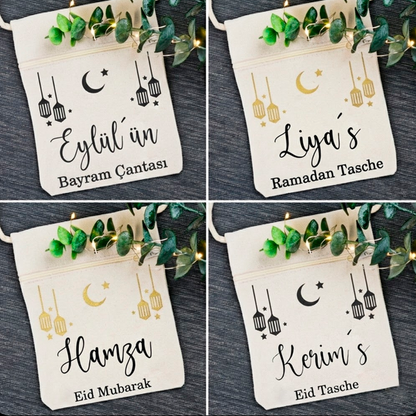 Bayram / Eid Tasche mit Namen – Personalisierbar (Eid Mubarak, Ramadan Geschenk – Motiv Laterne)