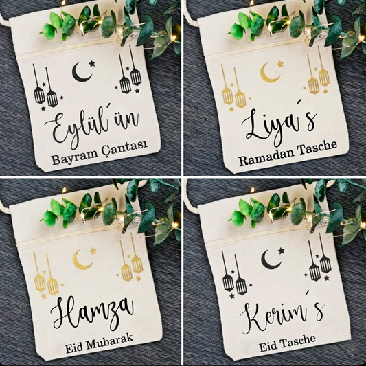 Bayram / Eid Tasche mit Namen – Personalisierbar (Eid Mubarak, Ramadan Geschenk – Motiv Laterne)
