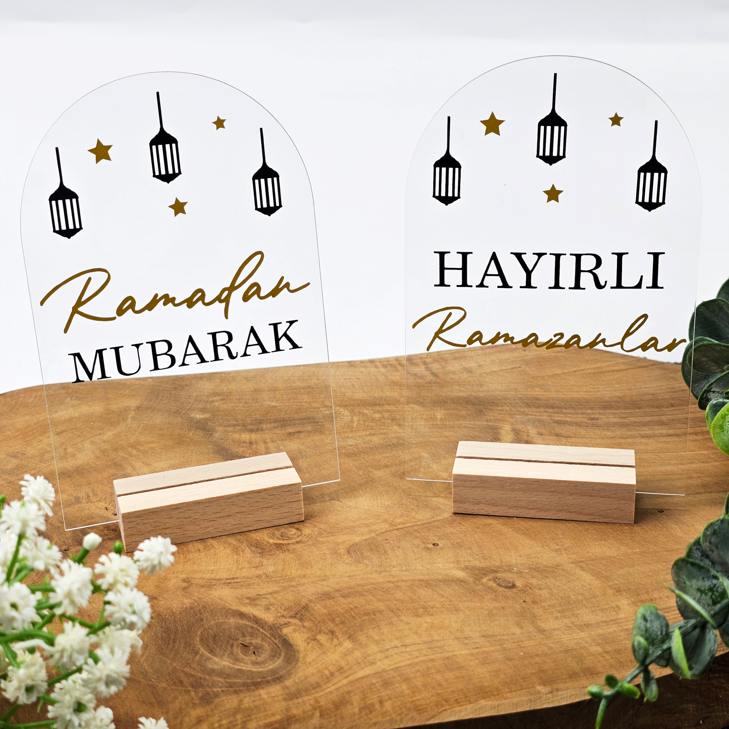 Ramadan Acrylschild mit Holzfuß | Bayram Deko | Eid Mubarak Tischdeko | Islamische Geschenkidee (Ramadan Mubarak Laterne)