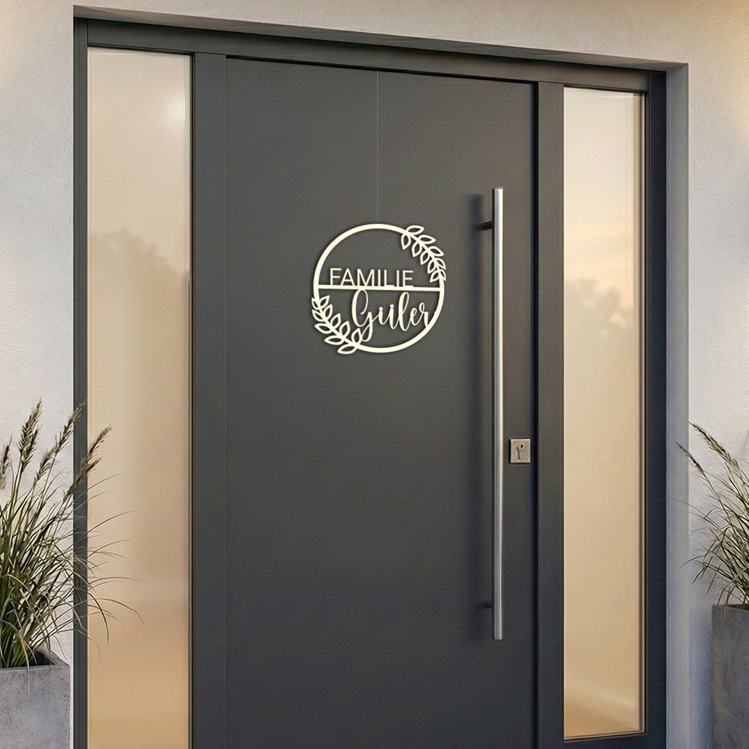 Personalisierter Willkommensschild aus Holz | Türschild & Willkommenskranz mit Familiennamen | Einzug & Hochzeit